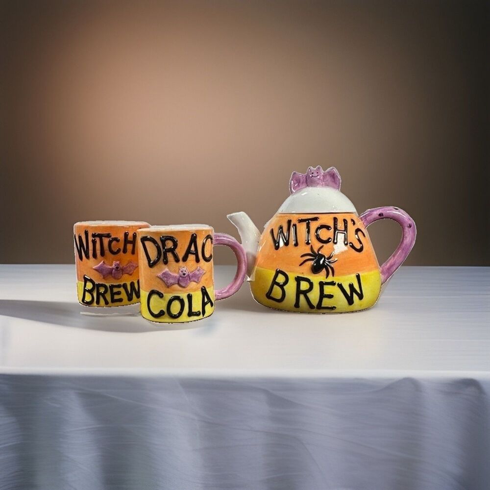 Vigor Halloween Witch’s Brew Teapot 2 Mug Set Dracula Cola Candy Corn Ceramic